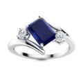 SAKSHAM ART DESIGN 2.00 Carat Emerlad Shape Sapphire and Diamond Women's & Girls Three Stone Band Engagement Ring 14k White Gold Plated (Q) (Z)