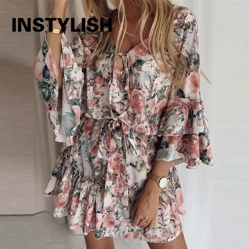 Elegante abito a trapezio con stampa floreale Abito estivo bohémien con scollo a V con volant Abito in chiffon da donna Casual Beach Party Mini abito oversize 2XL