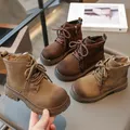 Waxed Faux Suede Leather Boots For Kids Winter Thick Fur Lined Lace-Up Short Desert Booties Boys