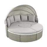 Patio Round Daybed with Retractable Canopy Outdoor Rattan Wicker Sectional Sofa Conversation Furniture Set with Height Adjustable Coffee Table Separate Seating and Removable Cushion Gray