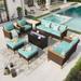 Sophia & William 10 Piece Outdoor Wicker Patio Conversation Sofa Set with Fire Pit Table Turquoise