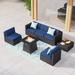 6 Pieces Outdoor Patio Furniture Set with 45 Plate Embossing Propane Fire Pit Table Outdoor Wicker Sectional Sofa Conversation Set with Blue Cushions & Coffee Table