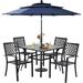 & William Patio Dining Set with 13ft Double-Sided Patio Umbrella 8 Piece Metal Outdoor Table Furniture Set with 6 Outdoor Stackable Chairs 1 Rectangle Dining Table and 1 Large Beige