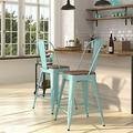 NLIBOOMLife Sarah 24 Metal Indoor-Outdoor Counter Stool with Vertical Slat Back Integrated Footrest and Wood Seat in Crystal Teal-Blue