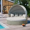 Syngar Patio Wicker Daybed Set Outdoor Round Sunbed Furniture Set Sectional Sofa Set with Coffee Table Retractable Canopy and Gray Cushion Conversation Lounger Set for Poolside Backyard Deck
