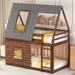 Twin Over Twin Size Wood House Bunk Bed with Roof, Ladder and 2 Windows, Equipped with Safety Barriers