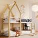 Twin over Twin House Bunk Bed with Storage Staircase and Blackboard, Kids Floor Bunk Bedframe with Storage Shelves and Guardrail