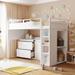 Pine Wood Twin Size Loft Bed with Rolling Cabinet and Desk, 2 Storage Drawers, 2 Rolling Plates, Cupboard, Maximized Space