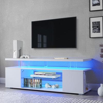 LED Lights Gaming Media Entertainment Center w/ Storage Cabinet, White - 16 inches in width