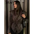 TRAF Female Street Leather Jacket 2024 Spring Women's Versatile Brown Long Sleeves V-neck Single