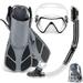 ZEEPORTE Mask Fin Snorkel Set with Adult Snorkeling Gear Panoramic View Diving Mask Trek Fin Dry Top Snorkel +Travel Bags Snorkel for Lap Swimming (Gray S/M)