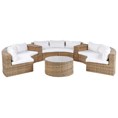 Gartenmöbel Set Hellbraun Rattan u. Aluminium Halbrund Modern 9-Sitzer Sofa mit Couchtisch Kissen Weiß Terrasse Outdoor Lounge Set 6-Teilig