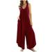 RYRJJ Womens Overall Jumpsuits Summer Sleeveless Ruched V Neck Flared Wide Leg Long Pants Baggy Rompers with Pockets(Wine XXL)