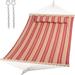 SUNCREAT Double Hammock Quilted Fabric Swing with Spreader Bar Detachable Pillow 55 x79 Large Hammock Red Stripes