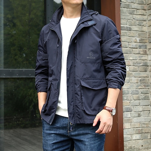Per uomo Giacca Leggera Giacca Estiva Giacca utility Giacca Cargo All'aperto Vacanza Caldo Tasca Autunno Inverno Semplice Moda Streetwear Con Cappuccio Regolare Nero Cachi Blu scuro Grigio Giacca