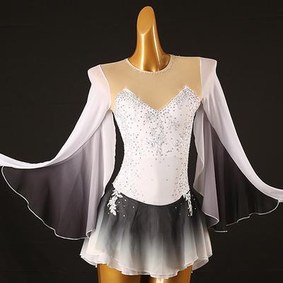 Figure Skating Dress Women's Girls' Ice Skating Dress White Patchwork Mesh High Elasticity Training Competition Skating Wear Classic Crystal / Rhinestone Long Sleeve Ice Skating Figure Skating