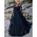 Strand / Urlaubsziel Boho Schwarz Hochzeitskleider Ballkleid Spaghetti-Träger V Ausschnitt Langarm Pinsel Schleppe Chiffon Hochzeitsanzüge Brautkleider Mit Blume Muster 2024