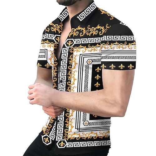 Herren Hemd Oberhemd Geometrische Muster Outdoor Casual Schwarz Weiß Gelb Rote Kurzarm Kubanisches Halsband Sommer Frühling Bekleidung Bedruckt Image