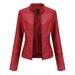 Zpanxa Winter Jackets for Women Slim Leather Jackets Stand-Up Collar Zipper Motorcycle Biker Coat Stitching Solid Color Coat Outwear Red XL