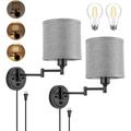 ENCOMLI Dimmable Plug in Wall Sconces Swing Arm Wall Lamp with Plug in Cord Wall Sconces Set of Two Plug in Wall Light Grey Fabric Shade 2pcs Bulbs Included