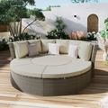 Patio 5-Piece Round Rattan Sectional Sofa Set All-Weather PE Wicker Sunbed Daybed with Round Liftable Table and Washable Cushions Sunbed for Outdoor Backyard Poolside Gray
