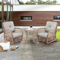 3 Pieces Outdoor Wicker Swive Rocking Chair Set Patio Bistro Sets with 2 Rattan Rocker Chairs and Glass Coffee Table for Backyard