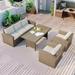 durable 4-Piece Outdoor Patio Furniture Weather PE Rattan Conversation Sectional Sofa Dining Set with Grey Cushions for Backyard Porch Poolside Beige