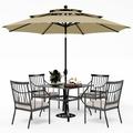 durable VILLA 5 Piece Outdoor Dining Set with 10ft Umbrella 37 Square Metal Dining Table & 4 Cushioned Metal Chairs & 3-Tier Beige Umbrella for Patio Deck Yard Porch