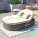 Outdoor Sun Bed Patio 2-Person Daybed with Cushions and Pillows Rattan Garden Reclining Chaise Lounge with Adjustable Backrests and Foldable Cup Trays for Lawn Poolside Beige