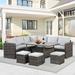 durable Furniture Set 7PCS Outdoor Conversation Set All Weather Brown Wicker Sectional Sofa Couch Dining Table Chair with Ottoman Ivory Cushion