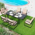 7 Piece Outdoor Patio Dining Set 6 Spring Motion Cushion Chairs 1 Rectangular Table with 1.57 Umbrella Hole Furniture Sets for Lawn Backyard Garden Red