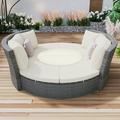 Patio 5-Piece Round Rattan Sectional Sofa Set All-Weather PE Wicker Sunbed Daybed with Round Liftable Table and Washable Cushions for Outdoor Backyard Poolside Beige