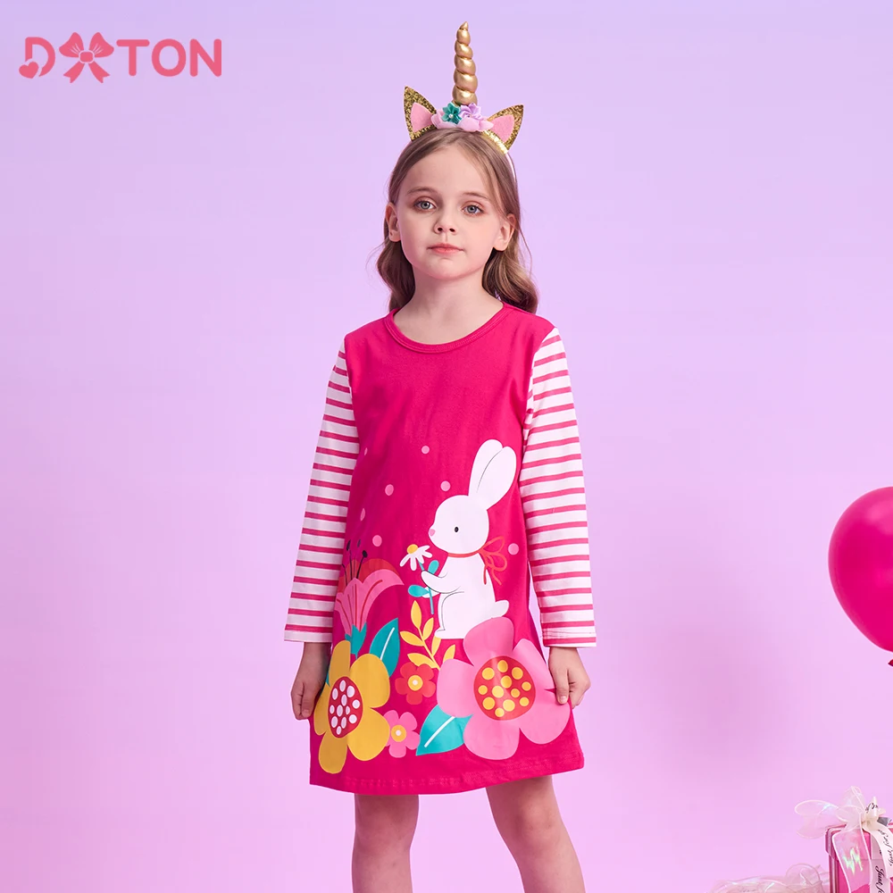 Dxton Frühling Herbst Kleinkind Kleider für Mädchen gestreifte Ärmel lässig Kinder Kleid Blumen gedruckt Kaninchen Cartoon Kinder kleidung Image