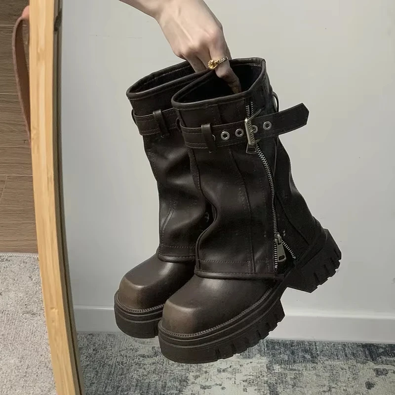 Winter Frauen Biker Stiefel Mode Gürtel Schnalle Damen Elegante Plattform Wohnungen Kurze Booties Casual frauen Ritter Booties