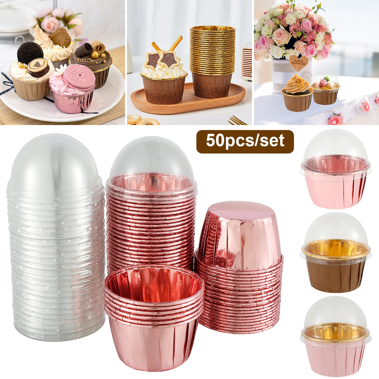 50 Stück Cupcake-Einlagen aus Folie mit Deckel, hitzebeständig, 14 ml, Aluminium, Kuchen-Backförmchen, rund, Muffin, für Zuhause, Küche, Hochzeit, Party Image