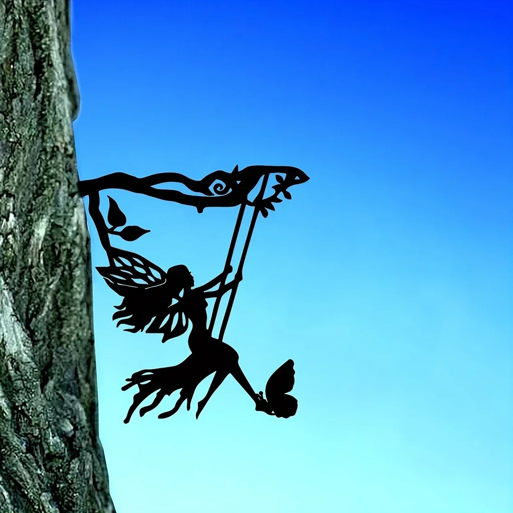 Schaukel-Elf auf Ast, Stahl-Silhouette, Metall-Wandkunst, Hausgarten, Hof, Terrasse, Außenstatue, Pfahl-Dekoration, perfekt für Geburtstage Image