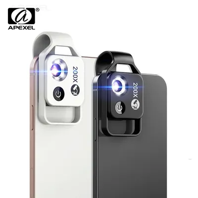 APEXEL Mikroskopobjektiv mit 200-facher Vergrößerung und mobilem CPL-LED-Licht, Mikro-Taschen-Makroobjektive für iPhone, Samsung, alle Smartphones