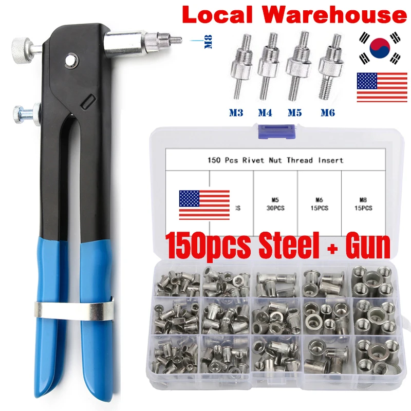 150PCS Aluminium/Stahl Gewinde Nieten M3/M4/M5/M6/M8 Niet Pistole Nieten gewinde Einsätze Flachkopf Schraube Nietgerät Werkzeug Set Image