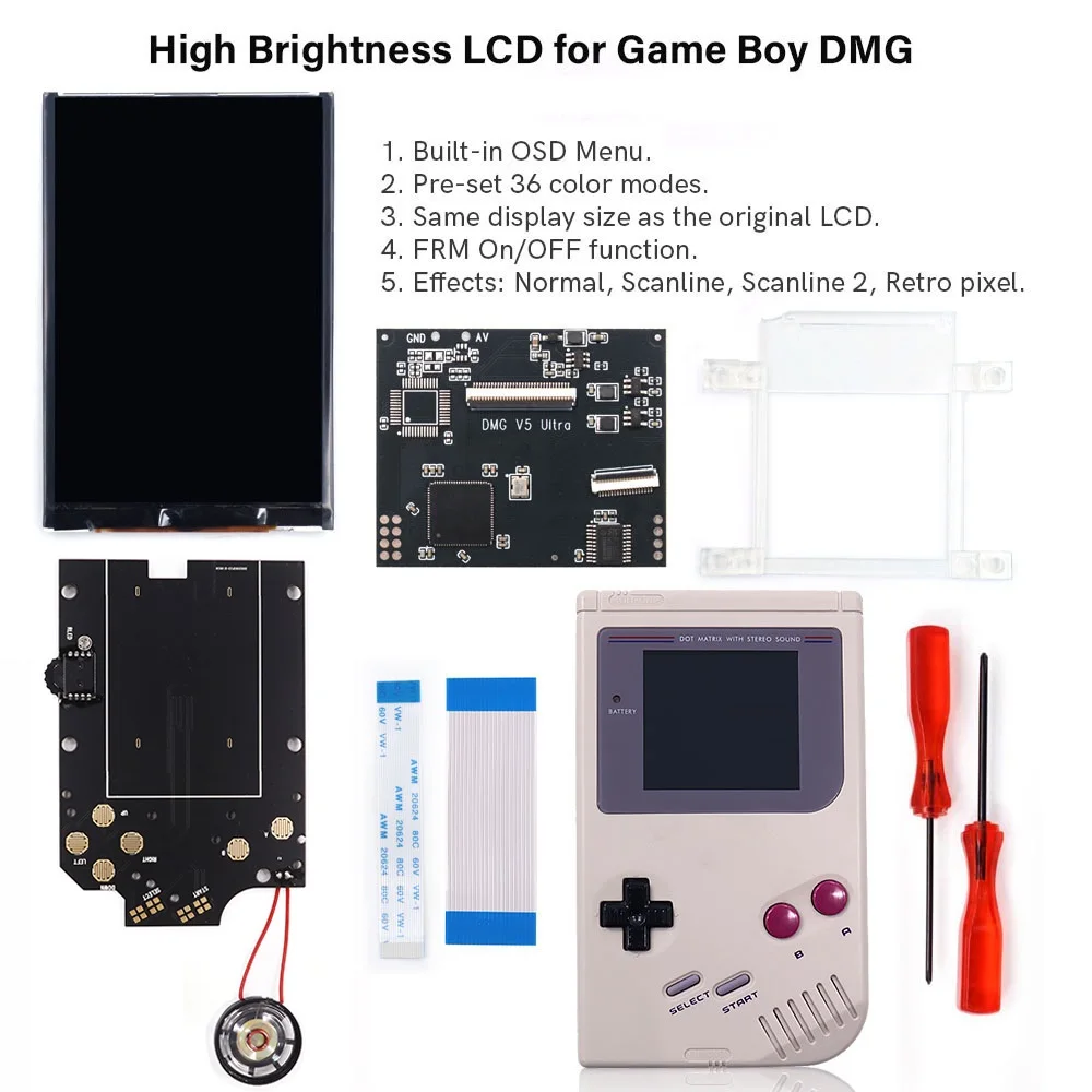Hispeedido DMG GBO IPS V5 Pro OSD-Hintergrundbeleuchtungsmenü RIPS 36-Farben-Kit für GameBoy DMG GBO GB DMG-Konsole mit vorgeschnittener Gehäuseschale Image