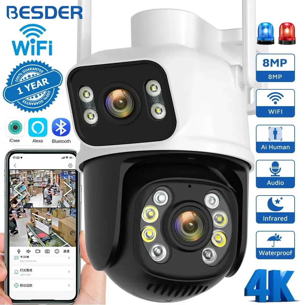 BESDER 8MP PTZ Wifi Kamera Outdoor Nachtsicht Dual Screen Menschlichen Erkennung 4MP Sicherheit Schutz CCTV Überwachung IP Kamera Image