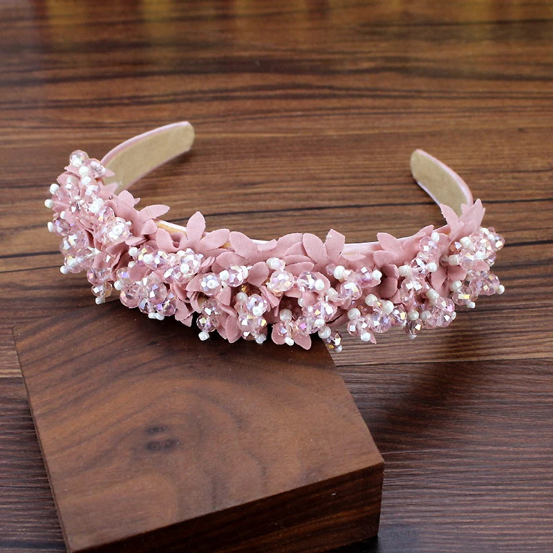 Boho handgemachte weiße rosa Blume Braut Haarbänder Kristall Perlen Hochzeit Stirnbänder für Frauen elegante Haar-Accessoires