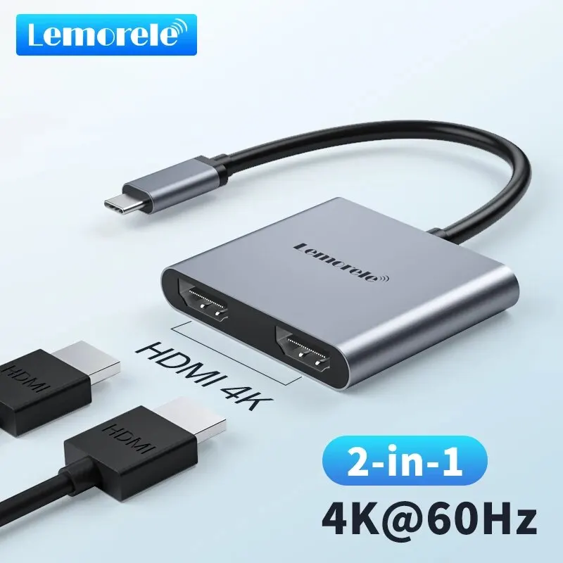 Lemorele 2-Port-USB-C-Hub zu Dual HDMI 4K 60 Hz Dual-Screen-Erweiterung Typ C Dockingstation für MacBook Laptop Handy PC Image