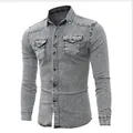 Männer Mode Denim Hemd Baumwolle Jeans Oberhemd Slim Fit Langarm Stilvolle Grau Gewaschen Cowboy