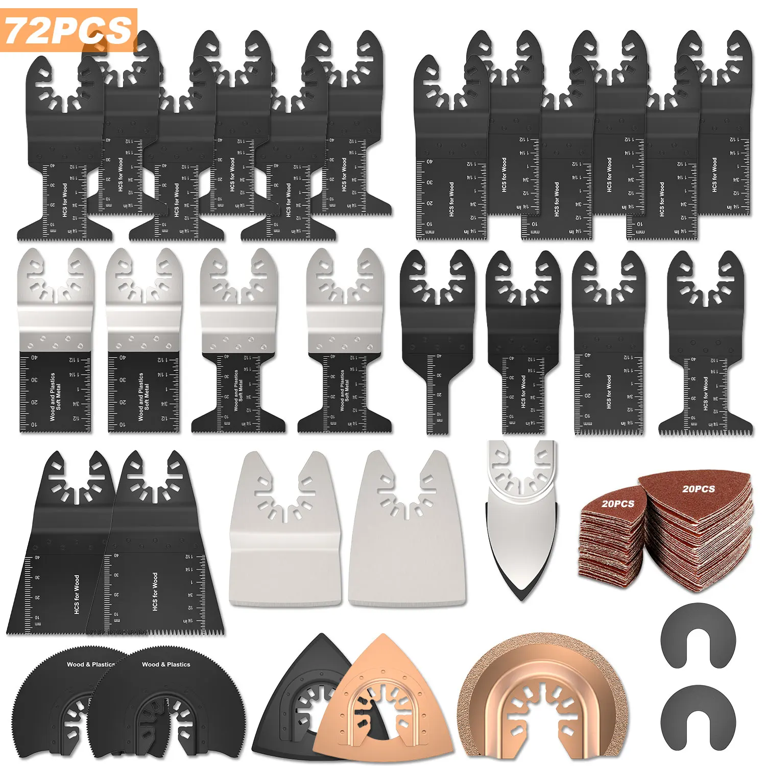 72/81-teiliges Oszillier-Sägeblätter-Set, oszillierendes Werkzeug aus Kohlenstoffstahl, Multitool-Klingen zum Schneiden von Holz, Kunststoff, Polieren, Keramikfliesen Image