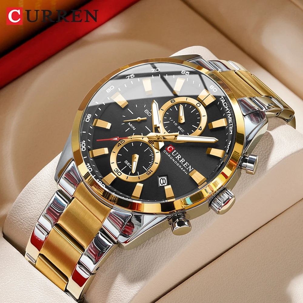 CURREN Lässige, sportliche Marken-Armbanduhr mit Edelstahlband für Herren, Chronograph, Quarzuhren mit Datum, Neu 8445 Image
