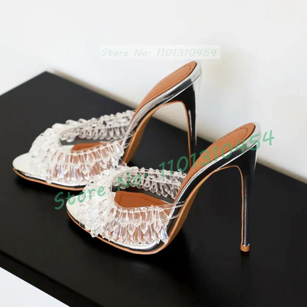 Klarer Tropfen Kristall offene Zehen Panto letten Frauen funkelnden Silber verspiegelten High Heels elegante Schuhe Damen Perlen Dekor solide Hausschuhe