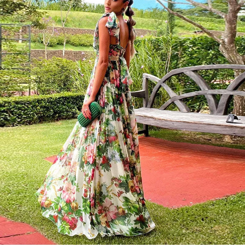 Sexy Sommer Party Kleid Frauen Mode Bogen Riemen Hohe Taille Gefaltetes Strand Kleid Chiffon Casual Blumen Druck Böhmischen Langes Kleid Image