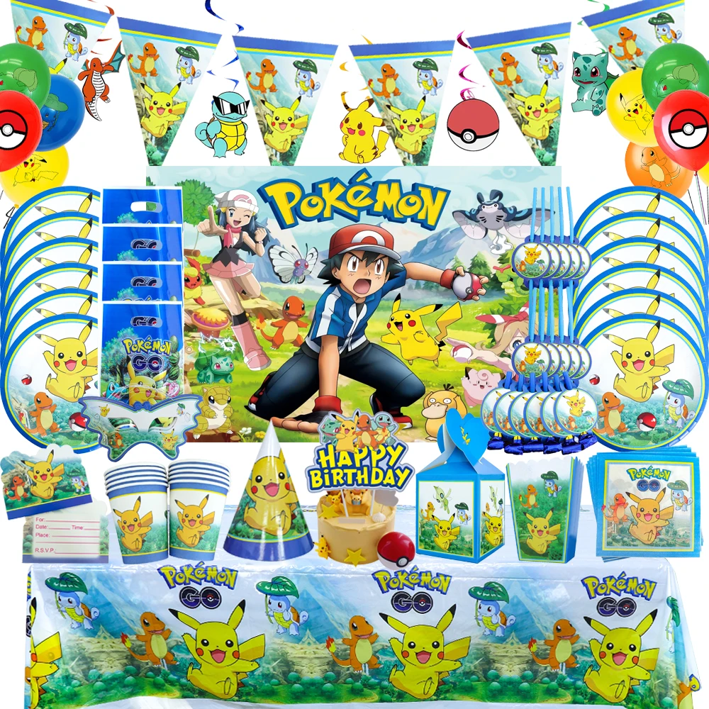 Pokemon-Geburtstagszubehör, Tassen, Teller, Serviettenbanner, Kinder, 1, 2, 3 Jahre alt, Pikachu-Luftballons, Geburtstagsfeier, Babyparty-Dekorationen Image