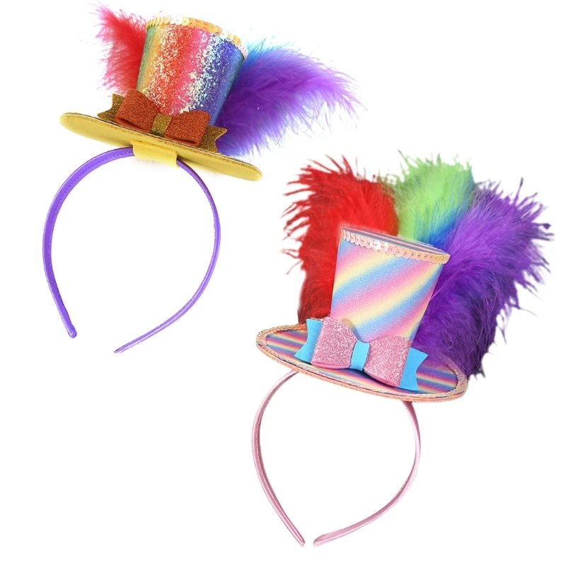 Bunte flache Zylinder Stirnband mit Feder erwachsenen Kindern lustige Karneval Party Haar Reifen Frauen Männer Festival Feier Kopf bedeckung Image