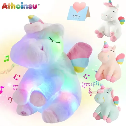 LED Regenbogen Einhorn Puppe Spielzeug Tier weiche Musik Plüsch Puppe gefüllt schlafen Einhorn